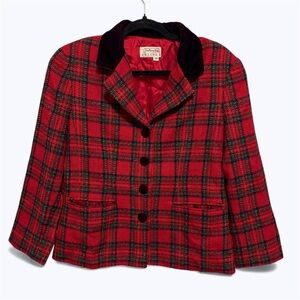 VTG Talbots Blazer Coat 12P Petite Red Tartan Plaid Wool Velvet Valentines Day